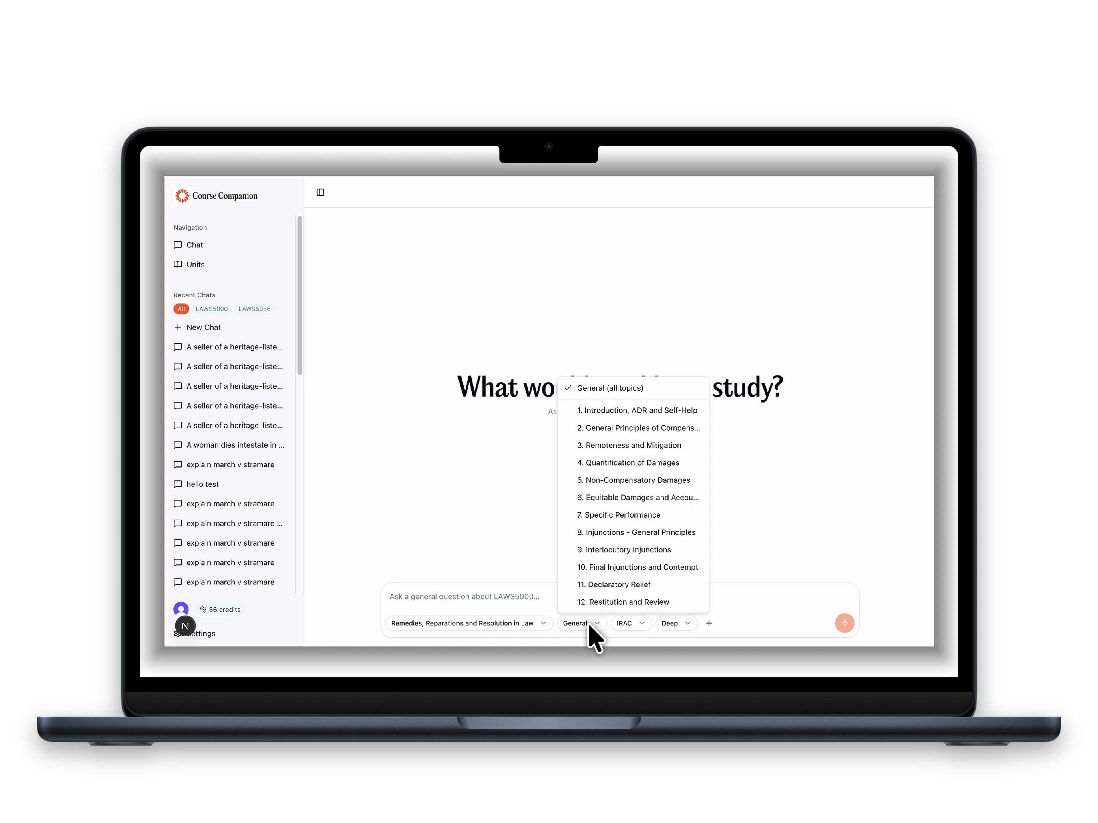 Topic selector showing law topics mapped to specific textbook chapters